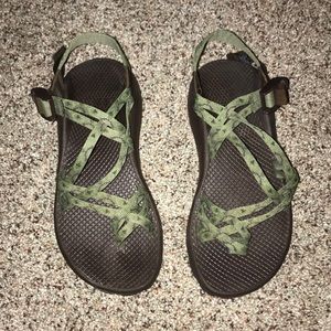 Green and brown chacos
